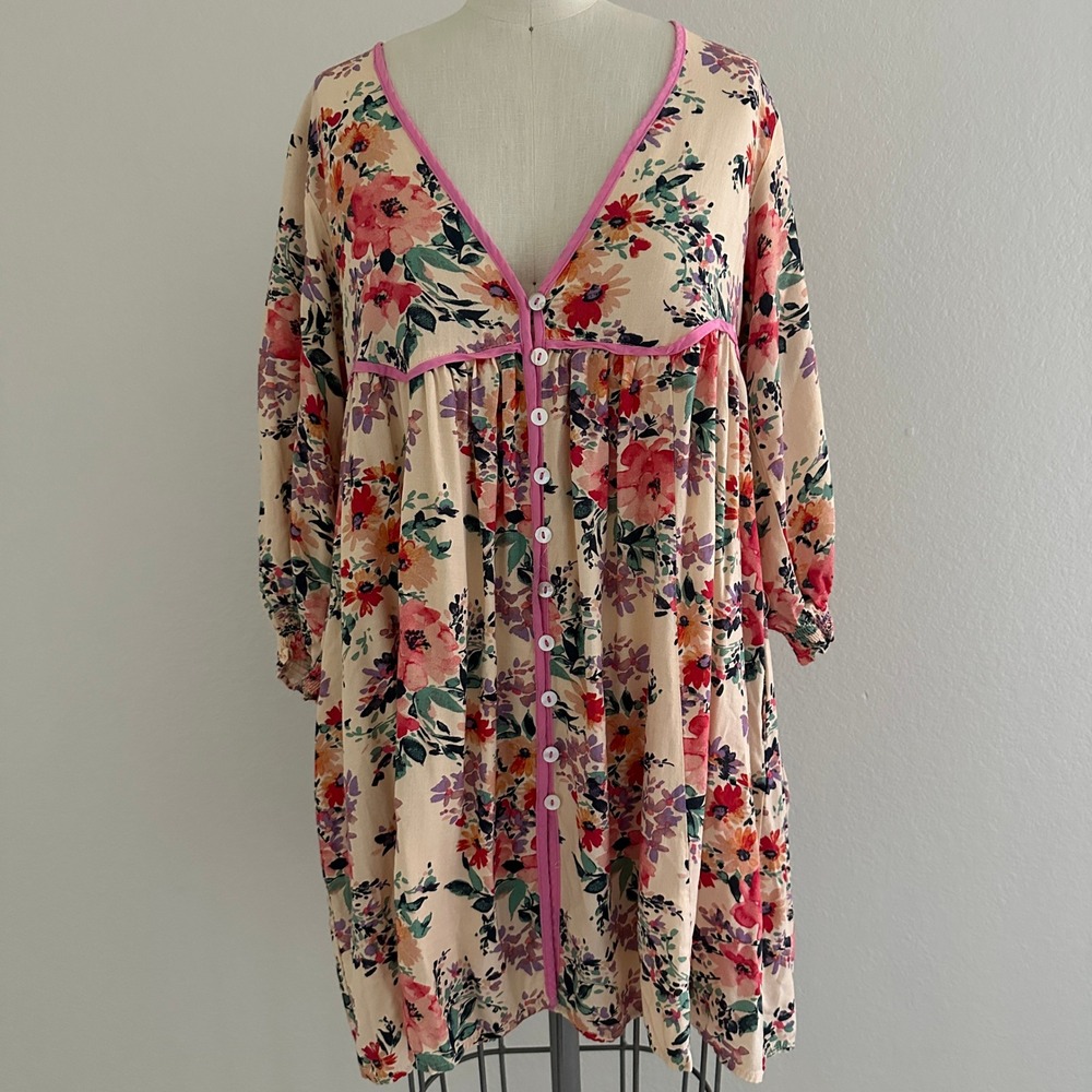 Fourteen & 9th Floral Babydoll Mini Dress Pink Cream Cottagecore Boho Small
